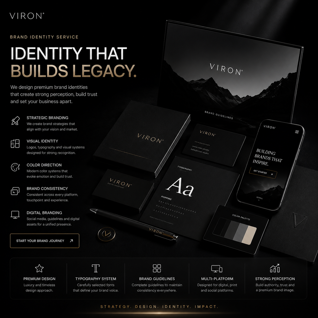 Brand identity design by VIRON – modern visual identity systems for professional businesses